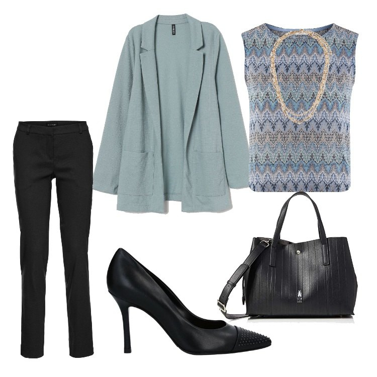Outfit donna - Basic #4904. Stile Basic per Ufficio. Abbinamento con pantaloni, décolleté, top, collane, borse a mano, blazer.