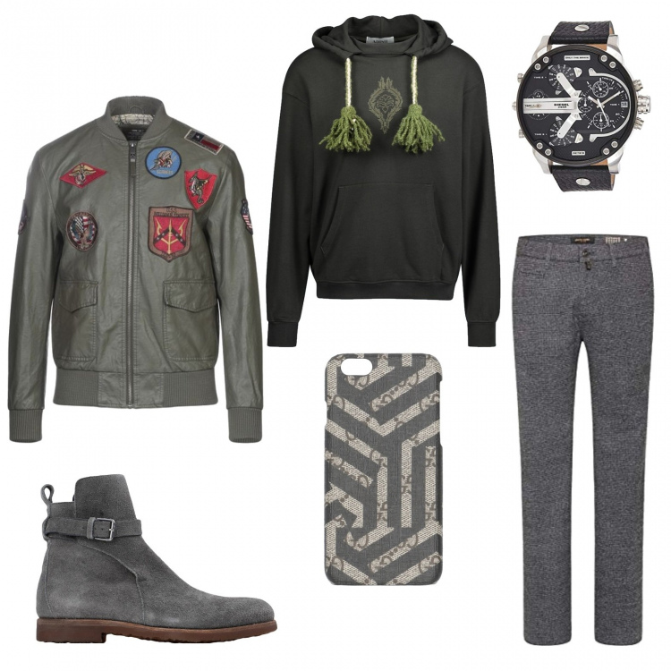 Outfit uomo - Casual #3364. Stile Casual per Tutti i giorni. Abbinamento con stivali e stivaletti, cover telefono, cappotti, pantaloni, felpe, orologi analogici.