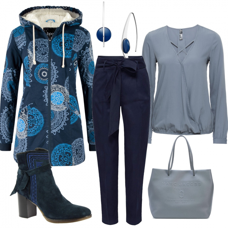 Outfit donna - Azzurro e blu. Stile Trendy per Tutti i giorni. Abbinamento con parka, bluse, orecchini, stivaletti, borse tote, pantaloni.
