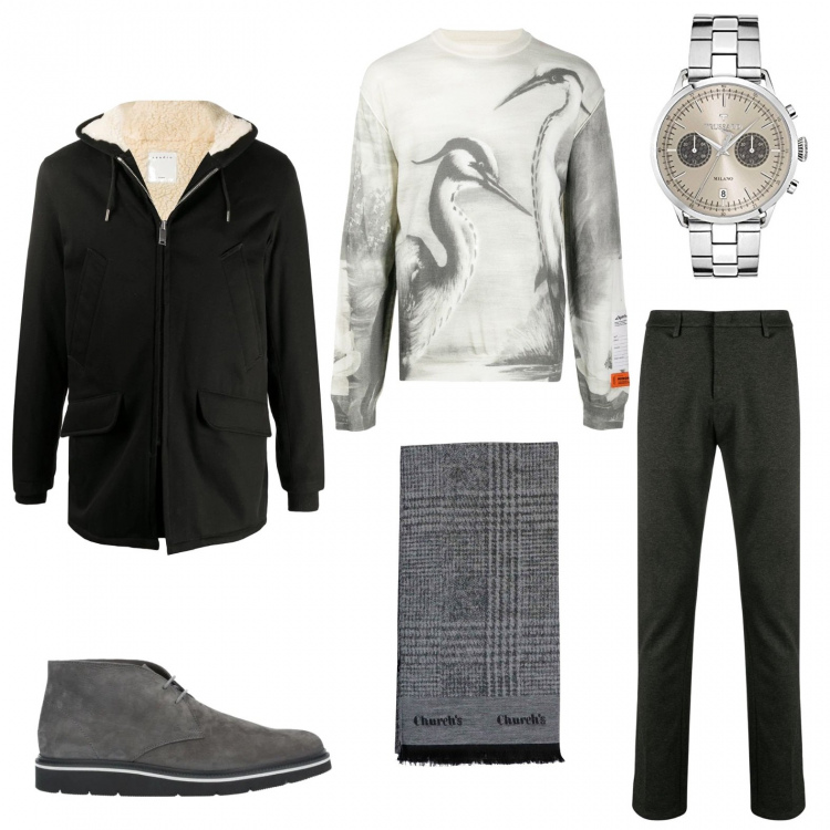 Outfit uomo - Casual #3368. Stile Casual per Ufficio. Abbinamento con pantaloni, maglioni, piumini, stivali e stivaletti, orologi analogici, sciarpe.