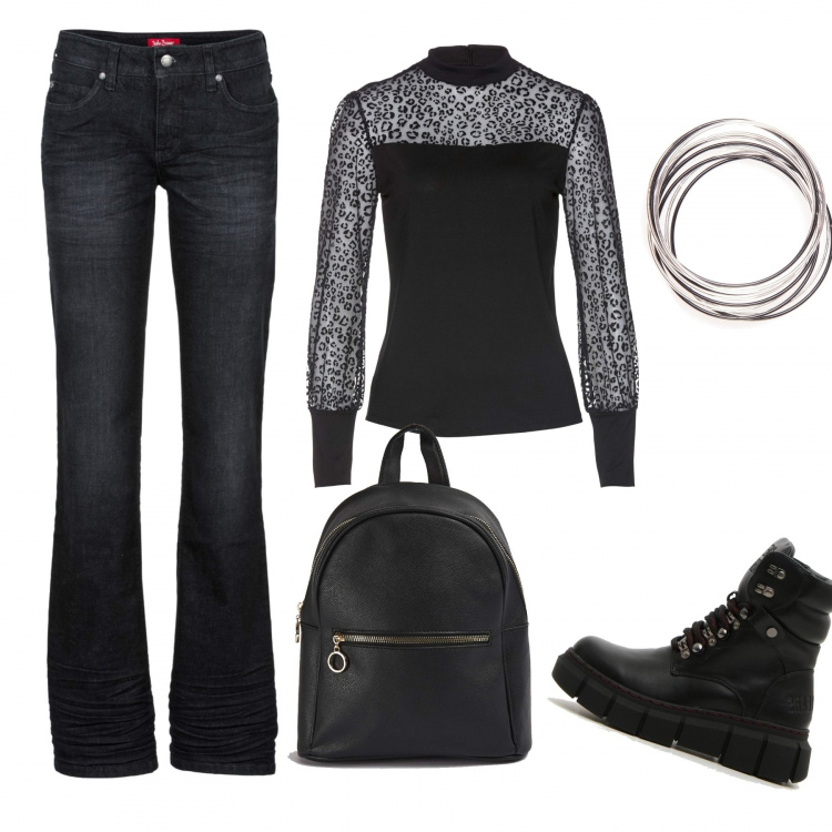 Outfit donna - Total look #913471. Abbinamento con maglieria, jeans bootcut, zaini, braccialetti, anfibi.