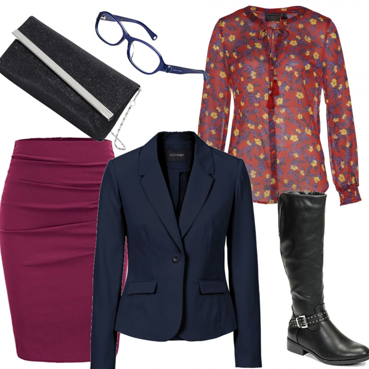Outfit donna - Meeting ore 8. Stile Urban per Ufficio. look ideale per Petite. Abbinamento con blazer, camicie, pochette, stivali, minigonne, occhiali.