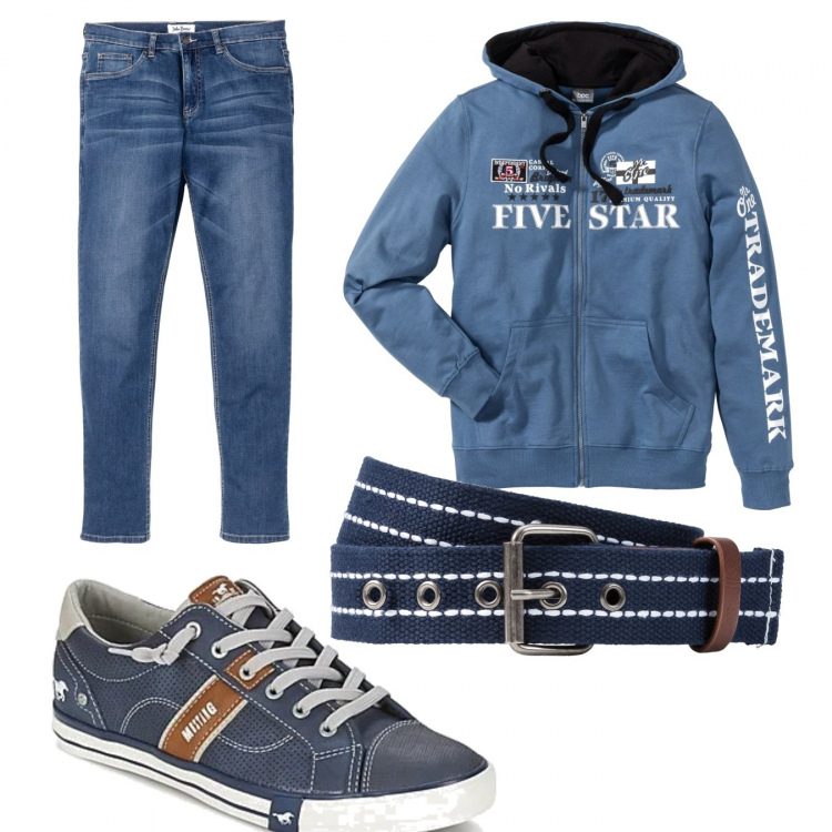 Outfit uomo - Casual #3461. Stile Casual per Tutti i giorni. Abbinamento con jeans, felpe con cappuccio, cinture, sneakers.