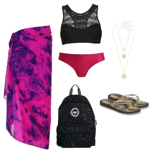 Outfit donna - Urban Chic anche in Spiaggia. Stile Etnico per Mare. Abbinamento con top, collana pendenti lunga, zaino con bretelle e zip.