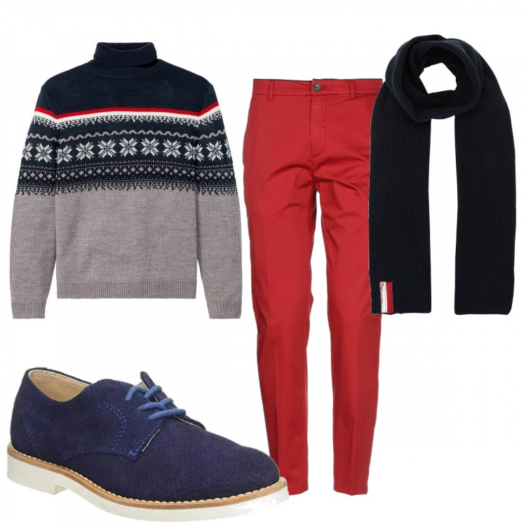 Outfit uomo - Il pantalone rosso. Stile Trendy per Tutti i giorni. Abbinamento con maglieria, pantaloni, sciarpe, scarpe stringate.