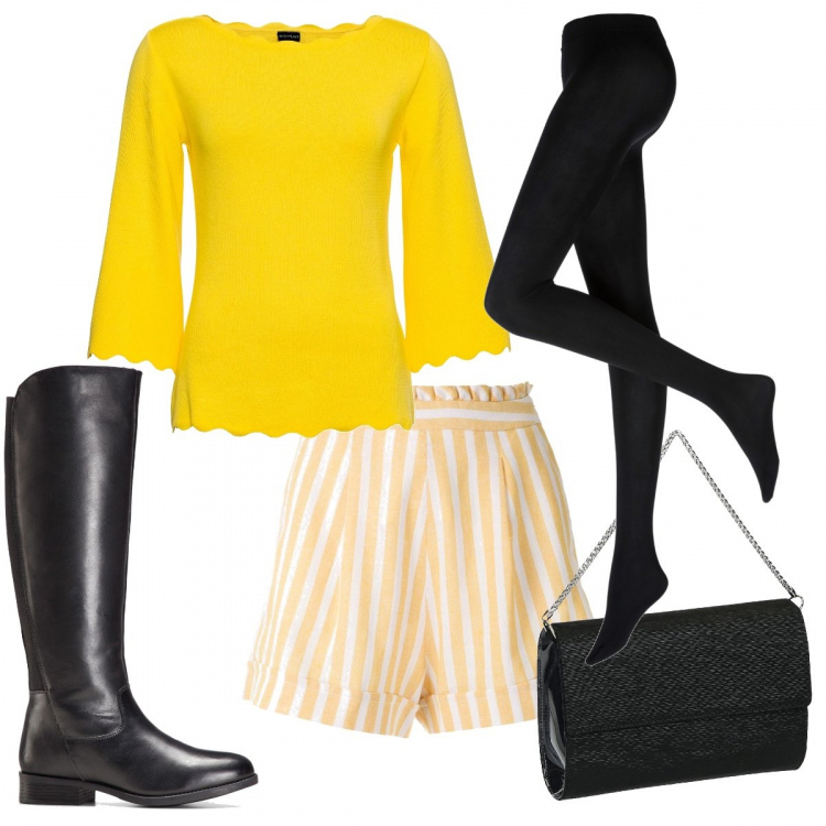 Outfit donna - Trendy #10160. Stile Trendy per Tutti i giorni. Abbinamento con collant, maglieria, stivali, pochette, shorts.