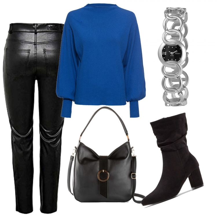 Outfit donna - Nero e blù elettrico. Stile Trendy per Tutti i giorni. Abbinamento con maglieria, stivali, borse a mano, pantaloni, orologi analogici.