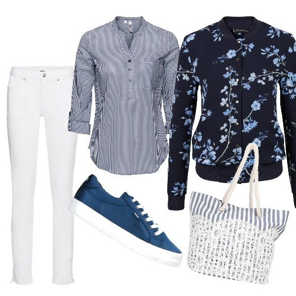 Outfit femme - Février 2021 Bleu et blanc. Style Basique pour Tous les jours. Assortir avec blazers, tuniques, jeans, sacs à main, sneakers.