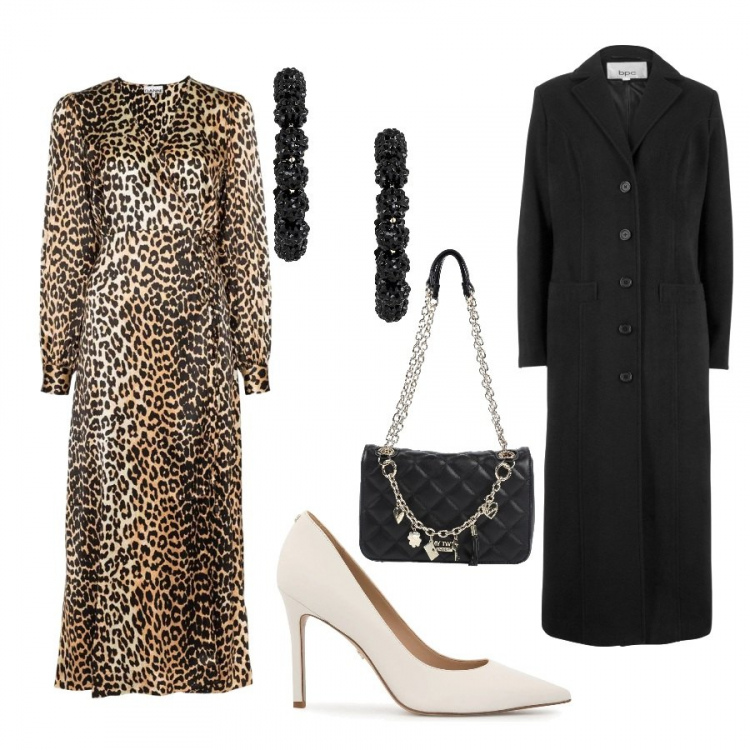 Outfit donna - Sexy #1117. Stile Sexy per Serata fuori. Abbinamento con cappotti, borse a mano, orecchini, vestiti midi/longuette, décolleté.