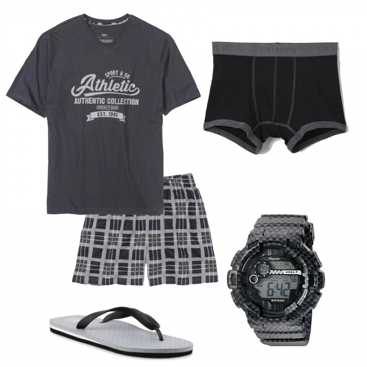 Outfit uomo - Notte d\'estate. Stile Casual per Tutti i giorni. Abbinamento con abbigliamento da notte, boxer, sandali, orologi.