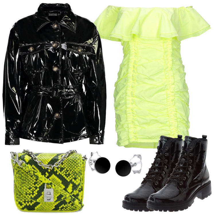Outfit femme - Punk. Style Rock pour Soirée dehors. Assortir avec blazers, rangers, sacs à main, robes courtes, boucles d'oreilles.