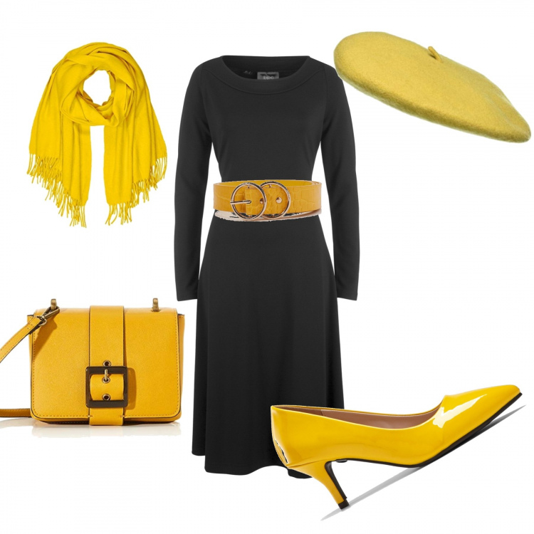 Outfit donna - Viva il giallo curvy. Stile Basic per Tutti i giorni. Abbinamento con stivaletti, décolleté, cinture, borse a tracolla, berretti, sciarpe.