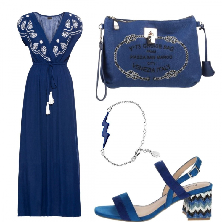 Outfit donna - Abito lungo blu. Stile Etnico per Tutti i giorni. Abbinamento con vestiti lunghi, borse a mano, sandali, braccialetti.
