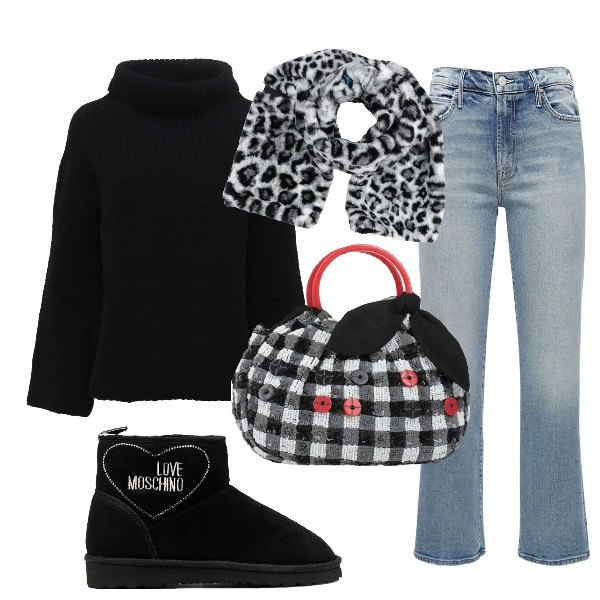 Outfit donna - Il maglione e la borsa di lana. Stile Urban per Tutti i giorni. Abbinamento con sciarpe, borse a mano, stivaletti, jeans, pullovers.