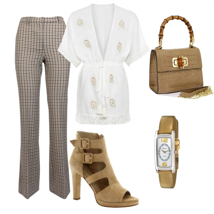 Outfit donna - I pantaloni a quadretti. Stile Chic per Ufficio. Abbinamento con camicie, sandali in pelle, borse a mano, pantaloni, orologi.