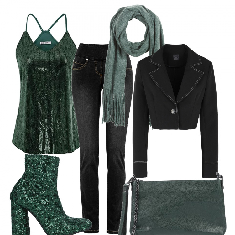 Outfit donna - Il guardaroba di @eleonora. Stile Trendy per Serata fuori. Abbinamento con jeans, stivaletti, borse a tracolla, blazer, sciarpe, canottiere.