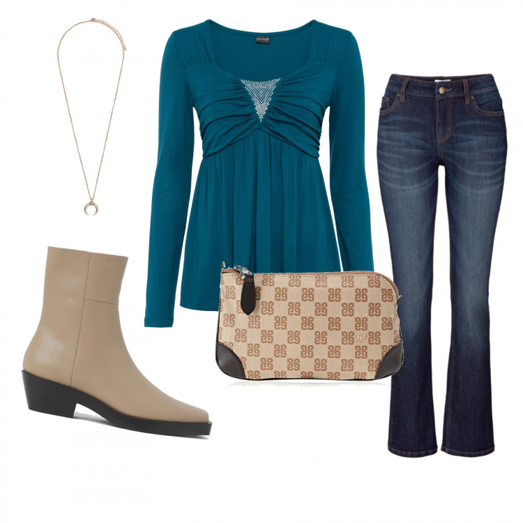Outfit donna - Particolare. Stile Trendy per Tutti i giorni. Abbinamento con jeans bootcut, pullovers, clutch, stivaletti, ciondoli.