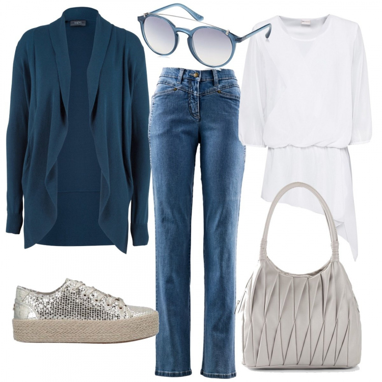 Outfit donna - Un tocco brillante. Stile Basic per Tutti i giorni. Abbinamento con cardigans, bluse, pantaloni, borse a mano, sneakers, occhiali da sole.