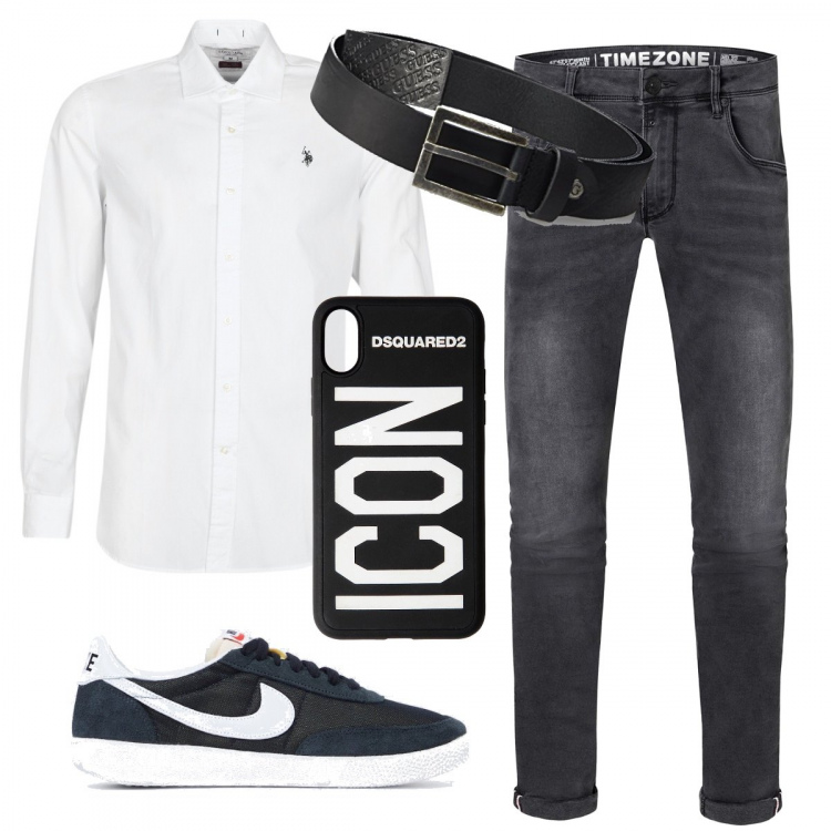 Outfit uomo - Jeans camicia e le mie Nike. Stile Casual per Tutti i giorni. Abbinamento con camicie, jeans skinny, sneakers, cinture, cover telefono.