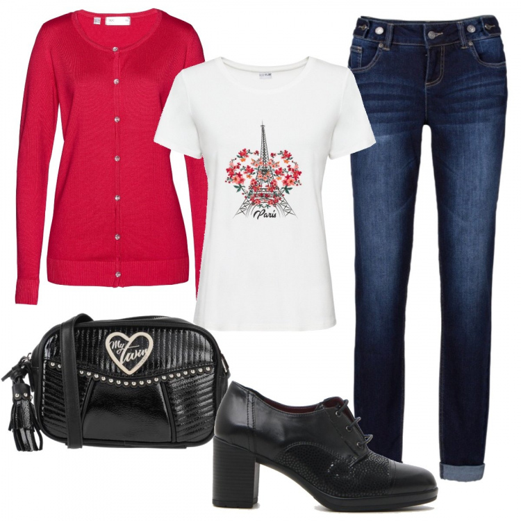 Outfit donna - I love Paris. Stile Trendy per Tutti i giorni. Abbinamento con jeans boyfriend, pullovers, cardigans, borse a tracolla, scarpe stringate.