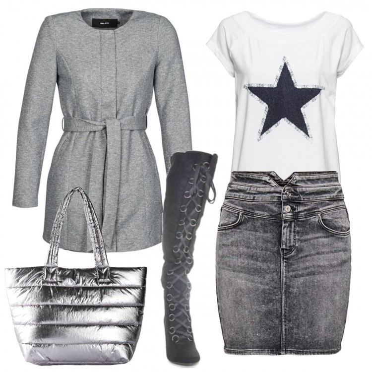 Outfit donna - Voglio brillare come una stella!. Stile Trendy per Tutti i giorni. Abbinamento con t-shirt, borse a mano, stivali sopra il ginocchio, cappotti, minigonne.