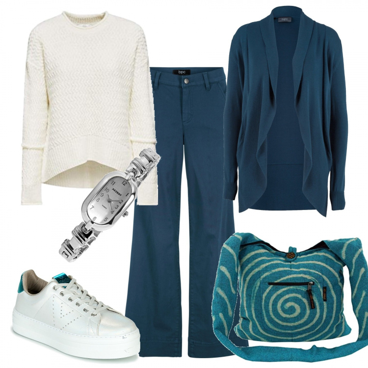 Outfit donna - Pantaloni palazzo e sneakers. Stile Basic per Scuola/Università. Abbinamento con cardigans, pantaloni a palazzo, sneakers, maglioni, borse a tracolla, orologi.