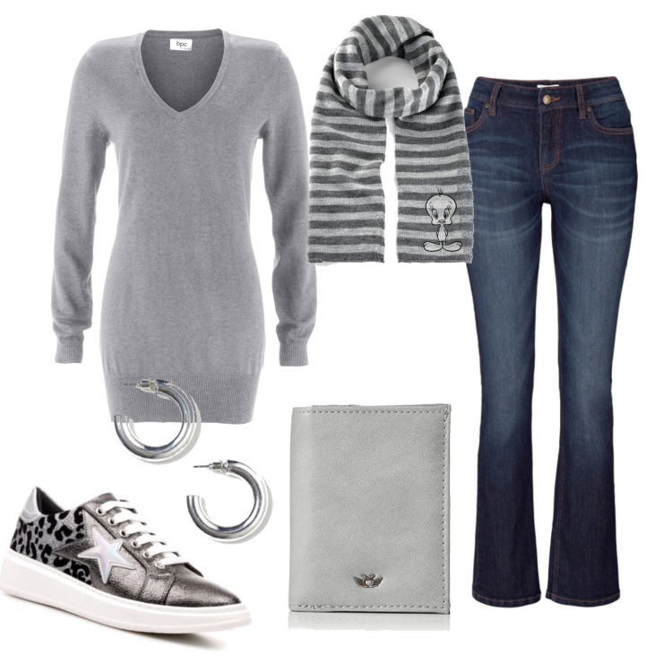 Outfit donna - Portafogli unici. Stile Trendy per Tutti i giorni. Abbinamento con jeans bootcut, maglioni, sciarpe, sneakers, portafogli, orecchini.