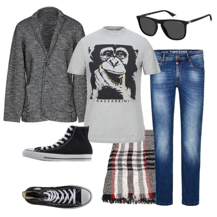 Outfit uomo - El mono Gazzarrini. Stile Trendy per Tutti i giorni. Abbinamento con sciarpe, t-shirt, giacche, sneakers alte, occhiali da sole, jeans skinny.