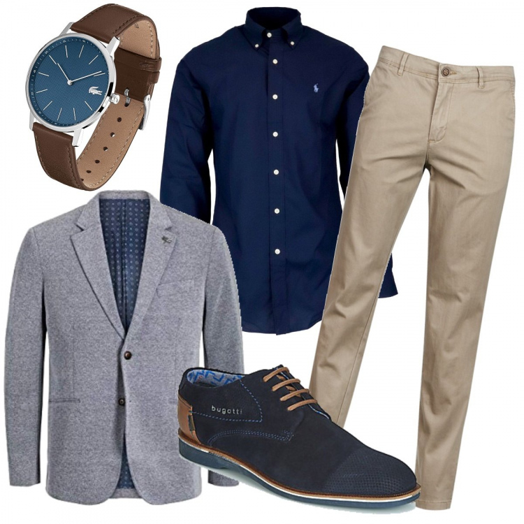 Outfit uomo - Blazer e camicia versione casual. Stile Casual per Serata speciale. Abbinamento con pantaloni, scarpe stringate, camicie, giacche, orologi analogici.