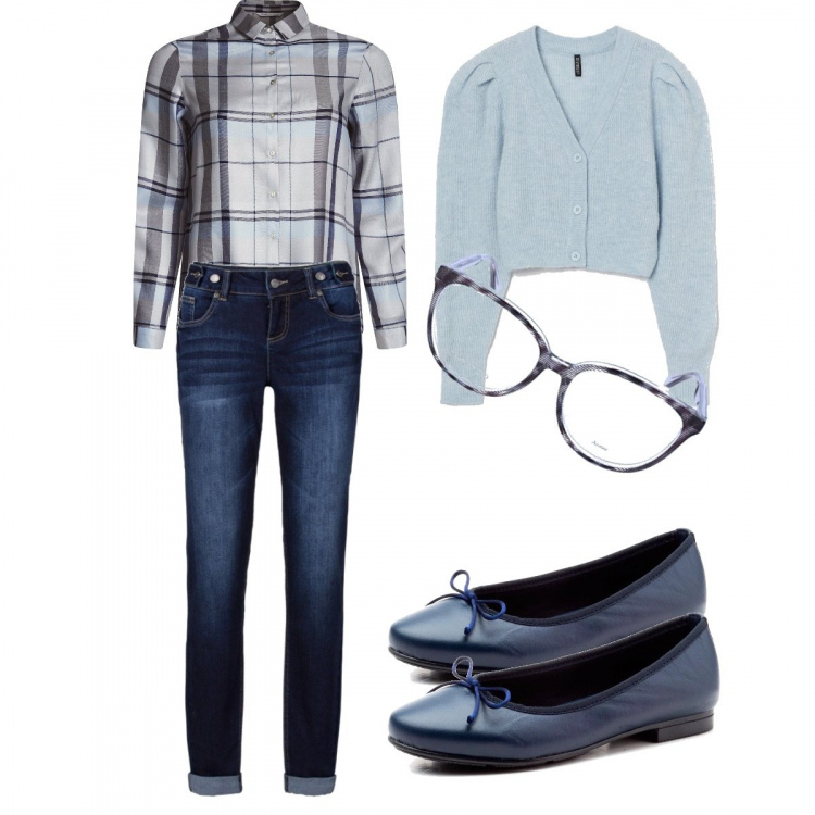 Outfit donna - Smart working. Stile Basic per Tutti i giorni. Abbinamento con jeans boyfriend, ballerine, camicie, cardigans, occhiali.