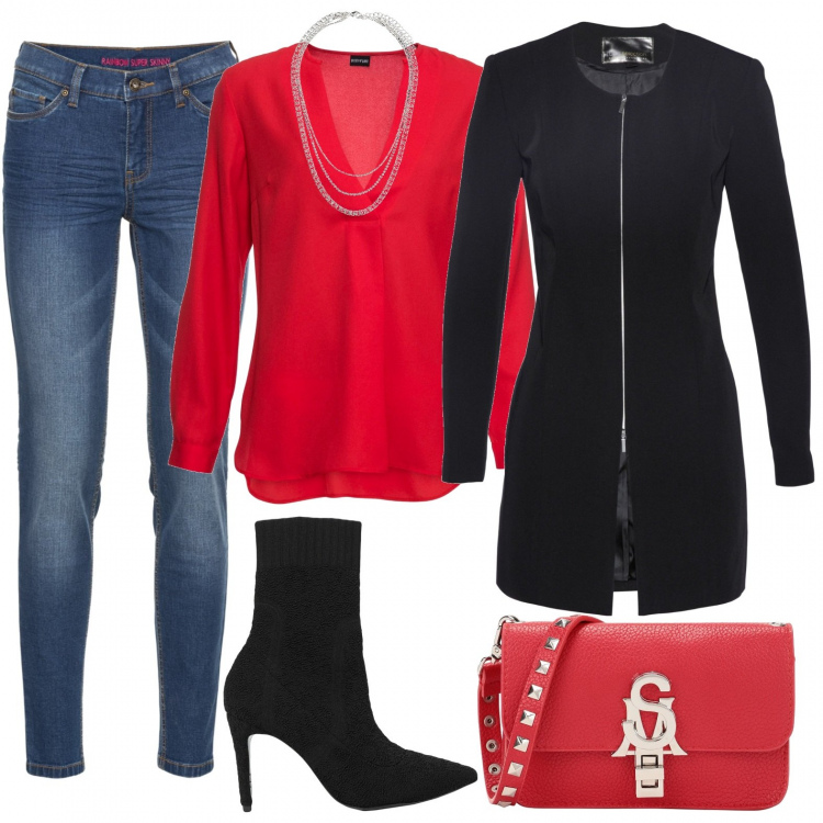 Outfit donna - Rock #948. Stile Rock per Tutti i giorni. Abbinamento con blazer, jeans skinny, bluse, borse a tracolla, stivaletti, collane.