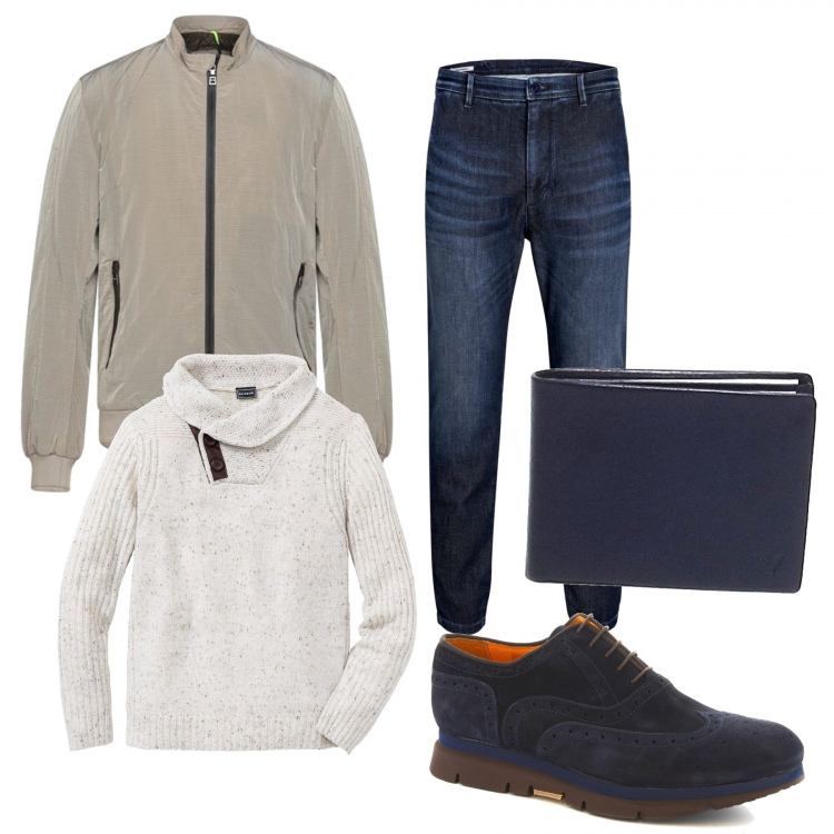Outfit uomo - Casual #3832. Stile Casual per Tutti i giorni. Abbinamento con maglieria, cappotti, scarpe stringate, jeans, portafogli.