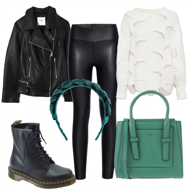 Outfit donna - Verde, nero e bianco. Stile Trendy per Scuola/Università. Abbinamento con leggings, maglioni, cerchietti, borse a mano, cappotti, anfibi.
