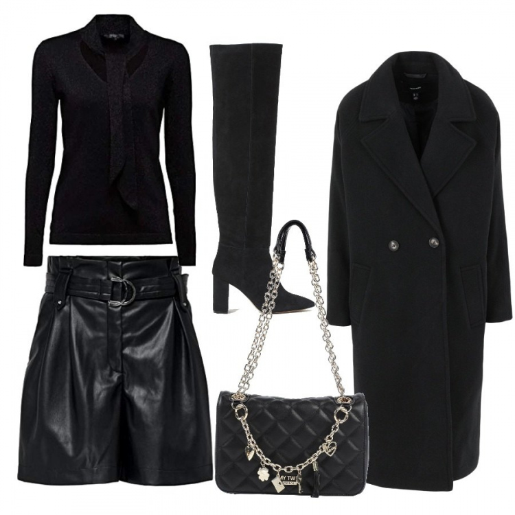 Outfit donna - Total black. Stile Trendy per Serata fuori. Abbinamento con cappotti, borse a mano, shorts, maglioni, stivali sopra il ginocchio.