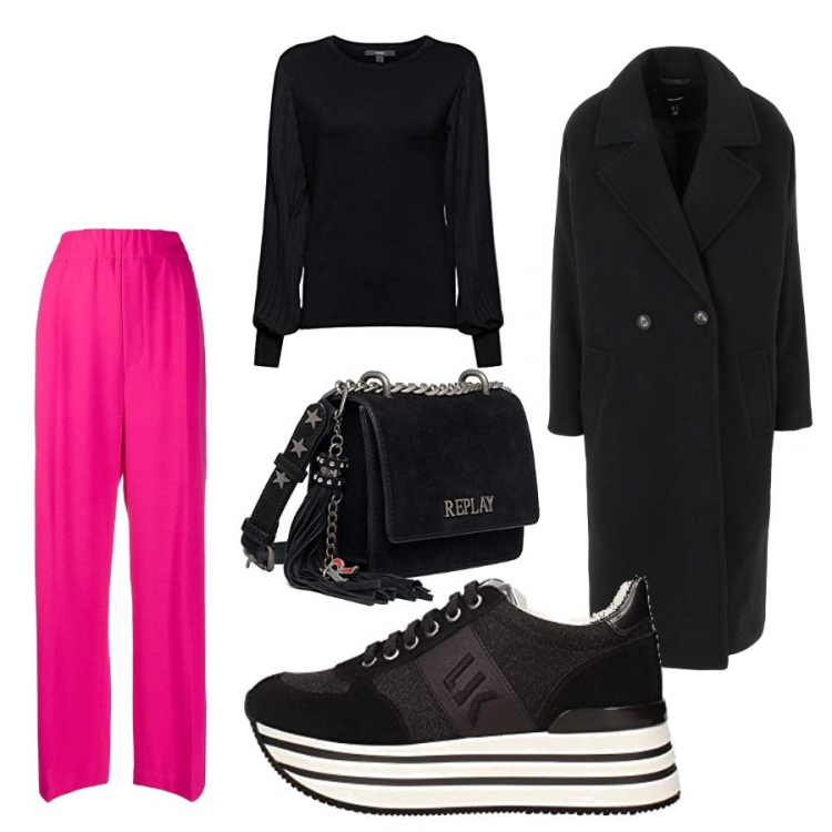 Outfit donna - Pantaloni palazzo e sneakers. Stile Trendy per Tutti i giorni. Abbinamento con cappotti, pantaloni a palazzo, sneakers, maglioni, borse a cartella.