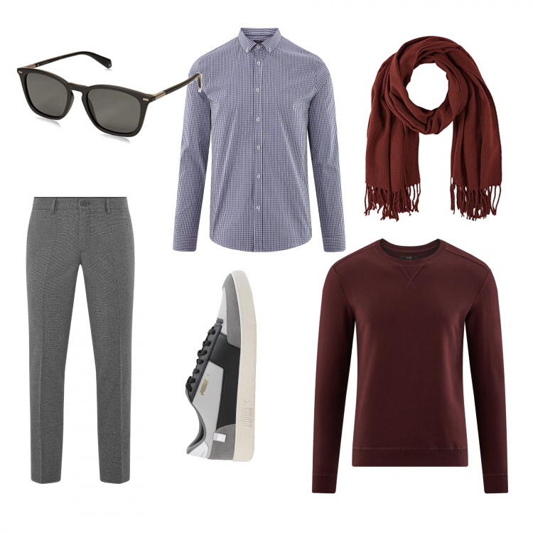 Outfit uomo - Saldi con stile. Stile Casual per Tutti i giorni. Abbinamento con sneakers, camicie, felpe, sciarpe, pantaloni, occhiali da sole.