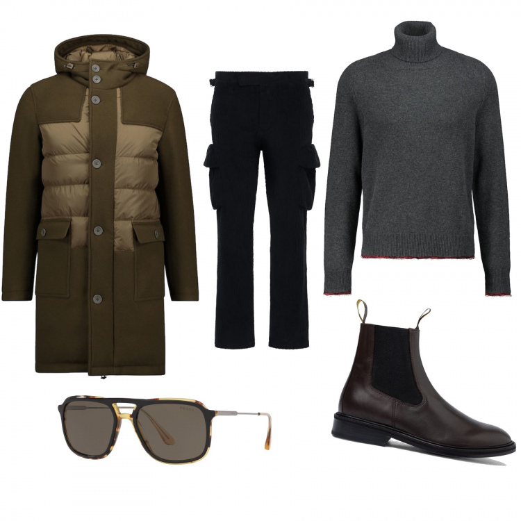 Outfit uomo - Freddo non ti temo. Stile Trendy per Tutti i giorni. Abbinamento con occhiali da sole, pullovers, pantaloni cargo, stivali e stivaletti, cappotti.