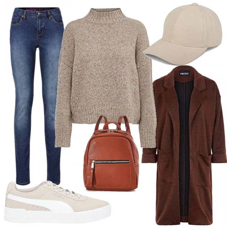 Outfit donna - Berretto anche col freddo. Stile Urban per Scuola/Università. Abbinamento con jeans skinny, sneakers, pullovers, cappotti, cappelli con visiera, zaini.