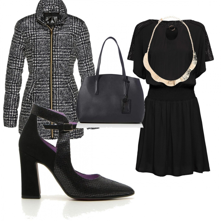 Outfit donna - Look black. Stile Trendy per Serata fuori. Abbinamento con giacche, vestiti corti, collane, borse tote, décolleté.