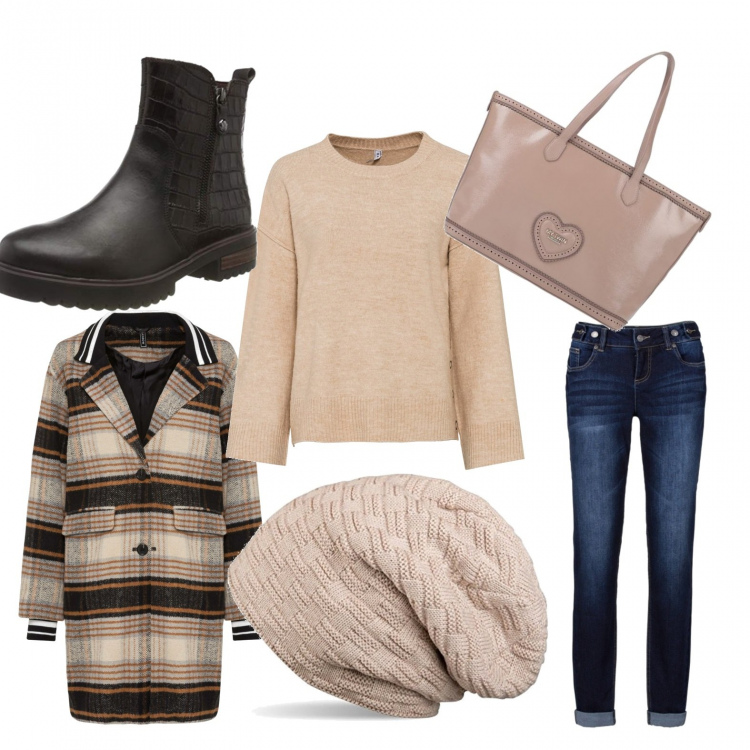 Outfit donna - Pomeriggio fuori. Stile Urban per Tutti i giorni. Abbinamento con jeans boyfriend, cappotti, maglioni, borse a mano, stivaletti, berretti.