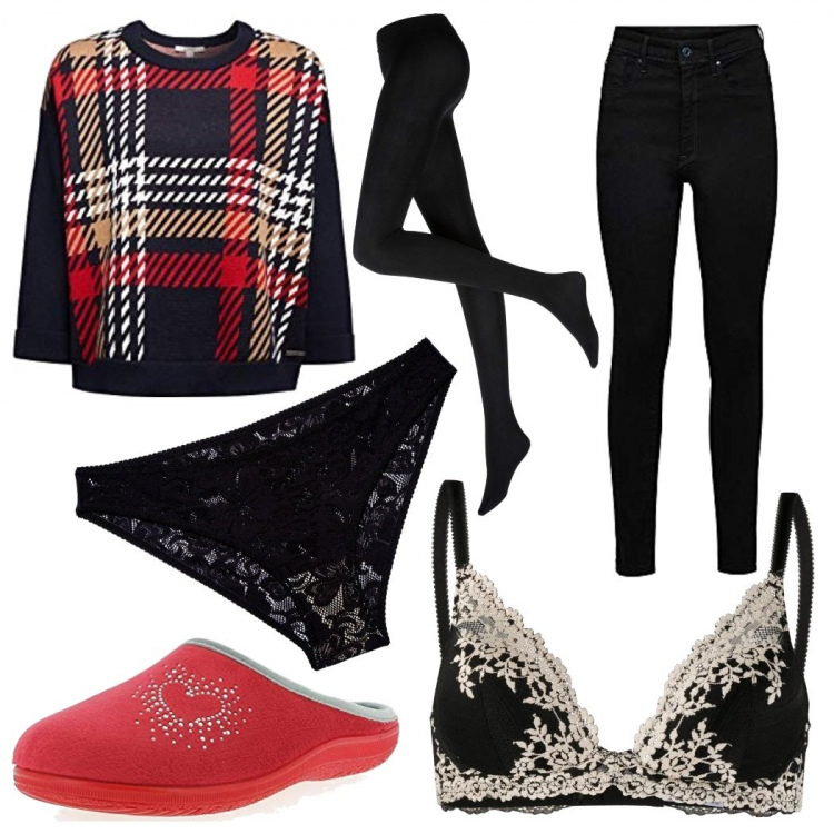 Outfit donna - Smart working. Stile Basic per Tutti i giorni. Abbinamento con collant, reggiseni, maglieria, pantofole, slip, jeans skinny.