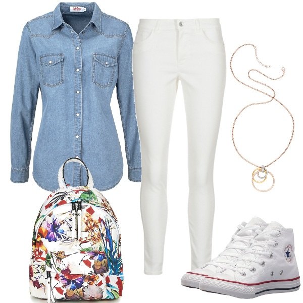 Outfit donna - Semplice comfort. Stile Basic per Tutti i giorni. Abbinamento con camicie, pantalone bianco, zaino bianco.