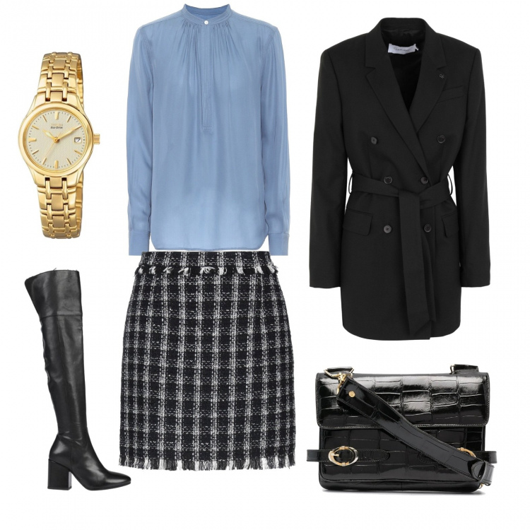Outfit donna - Minigonna bon ton. Stile Bon Ton per Tutti i giorni. Abbinamento con stivali, gonne longuette, cappotti, borse a spalla, bluse, orologi analogici.