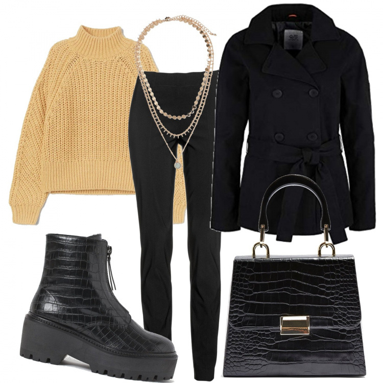 Outfit donna - Il maglioncino giallo sotto il trench. Stile Trendy per Tutti i giorni. Abbinamento con pantaloni, borse a mano, blazer, pullovers, ciondoli, stivaletti.