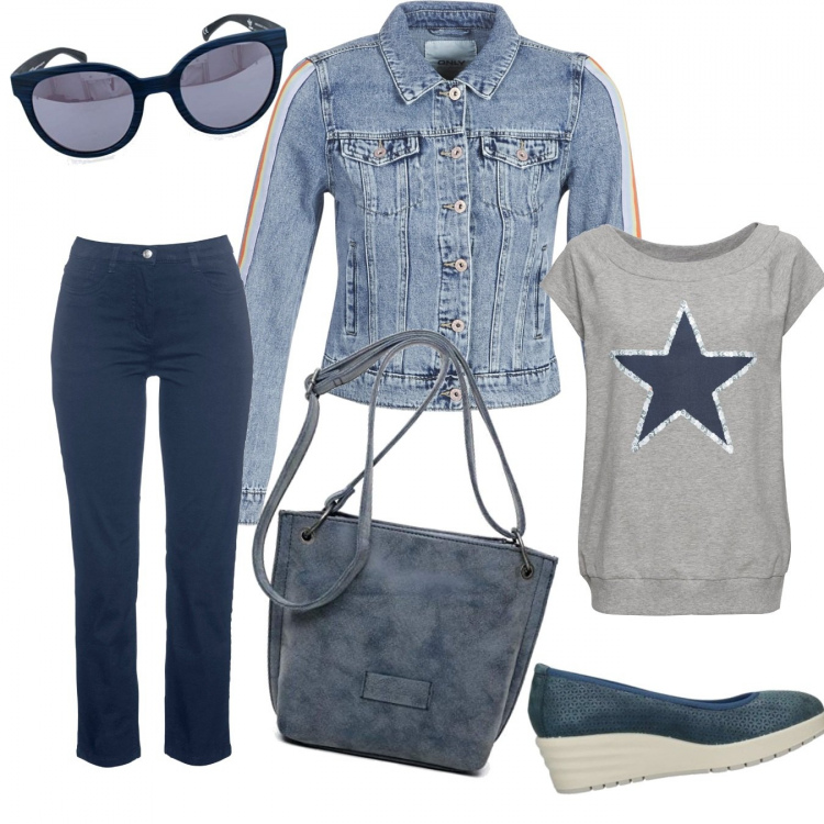 Outfit donna - Blue jeans. Stile Trendy Abbinamento con t-shirt, pantaloni capri, ballerine, blazer, borse a tracolla, occhiali da sole.