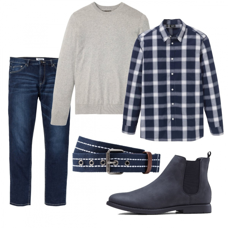 Outfit uomo - Tutto Bonprix. Stile Casual per Ufficio. Abbinamento con camicie, jeans, stivali e stivaletti, cinture, maglioni.