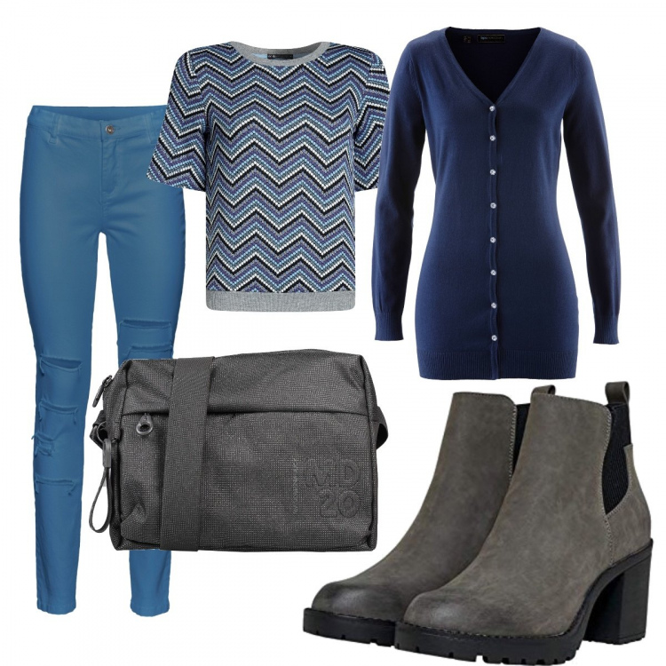 Outfit donna - A lezione. Stile Trendy per Scuola/Università. Abbinamento con borse a tracolla, pantaloni, cardigans, pullovers, stivaletti.