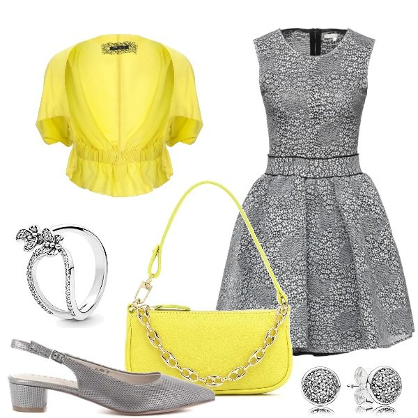 Outfit donna - Bon Ton in grigio e giallo. Stile Bon Ton per Cerimonia. Abbinamento con vestiti corti, bolero, décolleté, orecchini, borse a tracolla, anelli.