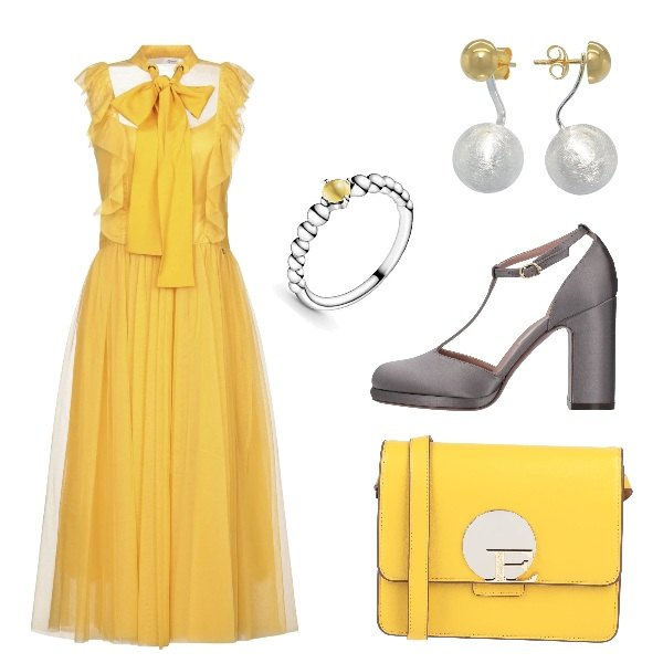 Outfit donna - Romantico tulle. Stile Bon Ton per Cerimonia. Abbinamento con vestiti midi/longuette, décolleté, borse a tracolla, anelli, orecchini.