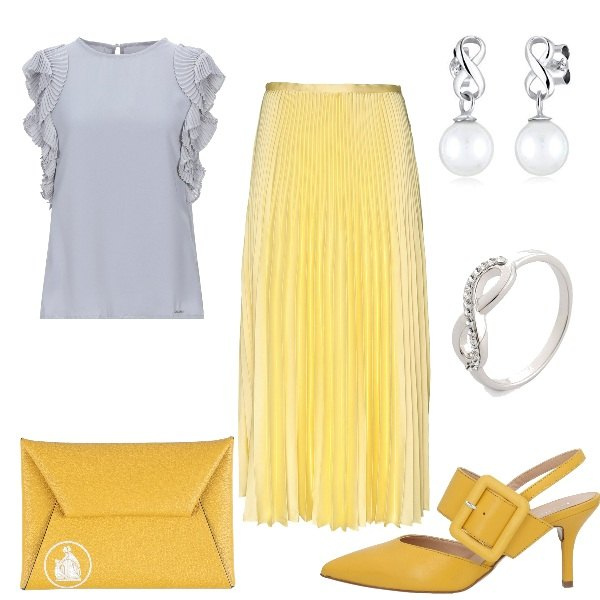 Outfit donna - Chic infinito. Stile Chic per Ufficio. Abbinamento con gonne lunghe, bluse, décolleté, pochette, anelli, orecchini.